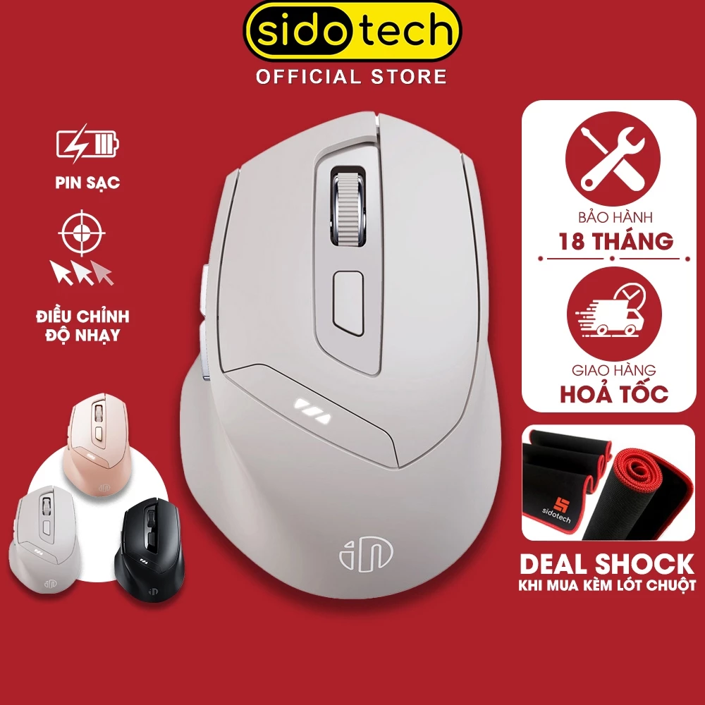 Chuột không dây bluetooth sạc pin SIDOTECH INPHIC DR6 tắt âm silent 6 nút bấm đèn led báo pin công thái học laptop PC