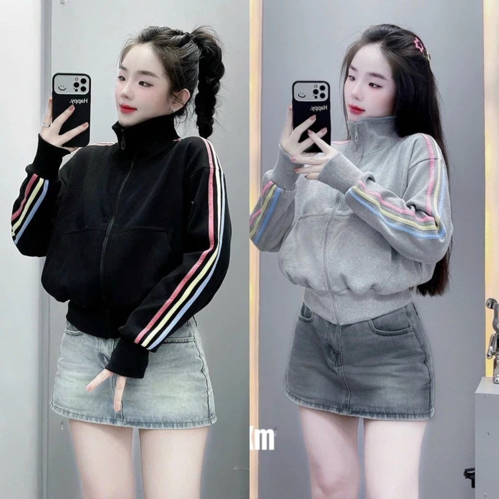 Áo Khoác Nỉ CỔ CAO Dây Kéo SỌC VIỀN Màu CẦU VÒNG Mẫu Mới Siêu HOT