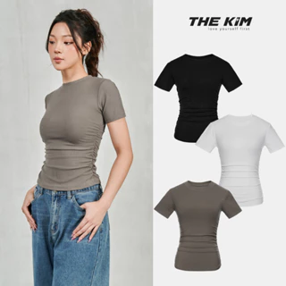 Áo thun tăm ngắn tay cổ tròn nhún chun cạnh eo THE KIM , áo thun nữ cotton tôn dáng T271