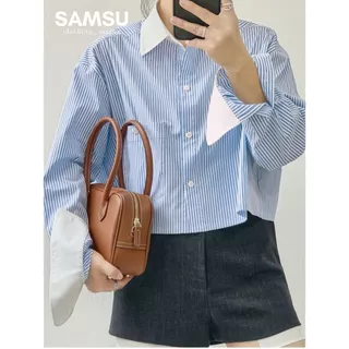 Áo sơ mi dạng croptop sọc xanh phong cách Hàn Quốc phối cổ bẻ kèm khuy cài xinh xắn Samsu.clothing_saigon