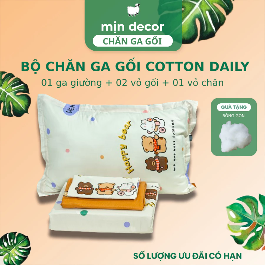 Bộ Chăn Ga Gối Cotton 3D Mịn Decor Dễ Thương, Drap Giường Kích Thước 1m2 1m4 1m6 1m8 2m 2m2 Không Kèm Ruột