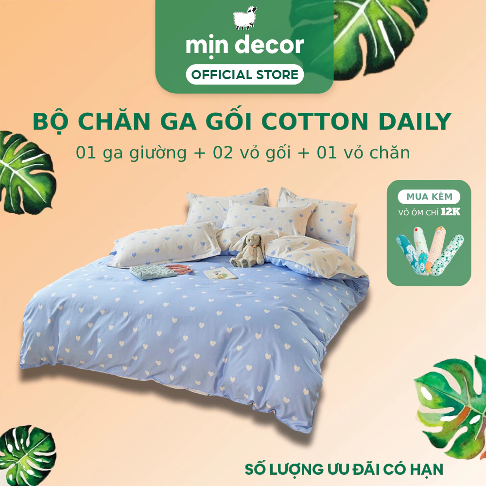 Bộ Chăn Ga Gối Cotton 3D Mịn Decor hoạ tiết tim mát mịn bo chun miễn phí, ga giườmg kích thước 1m2 1m4 1m6 1m8 2m 2m2