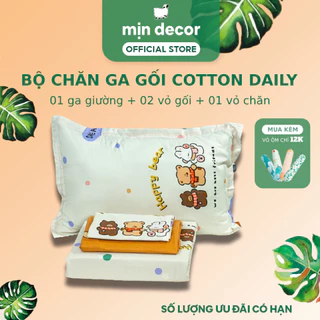 Bộ Chăn Ga Gối Cotton 3D MỊN DECOR hoạ tiết dễ thương bo chun miễn phí drap giường 1m2 đến 2m2 (Không kèm ruột)