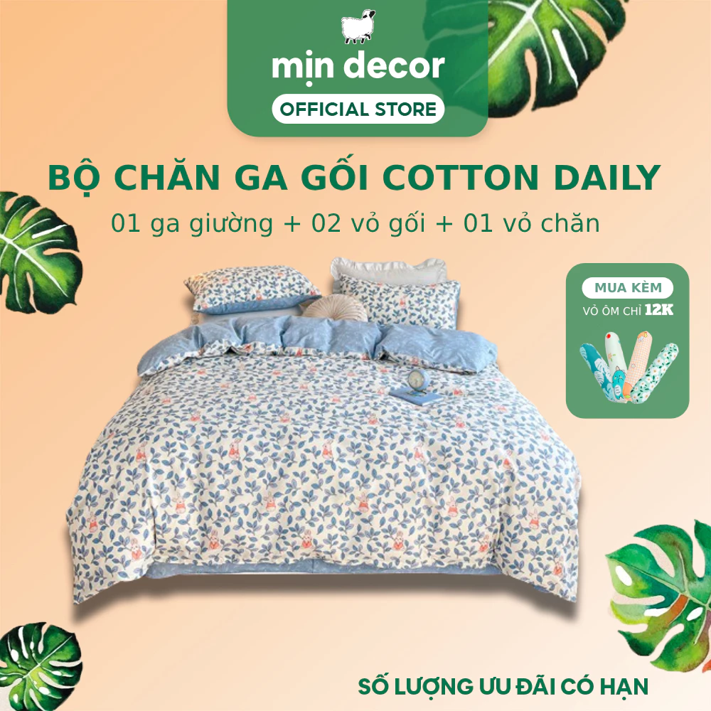 Bộ Chăn Ga Gối Cotton 3D Mịn Decor, Drap Nệm Cotton Poly Vỏ Chăn Có Khoá Kéo, Hỗ Trợ Bo Chun Làm Phủ