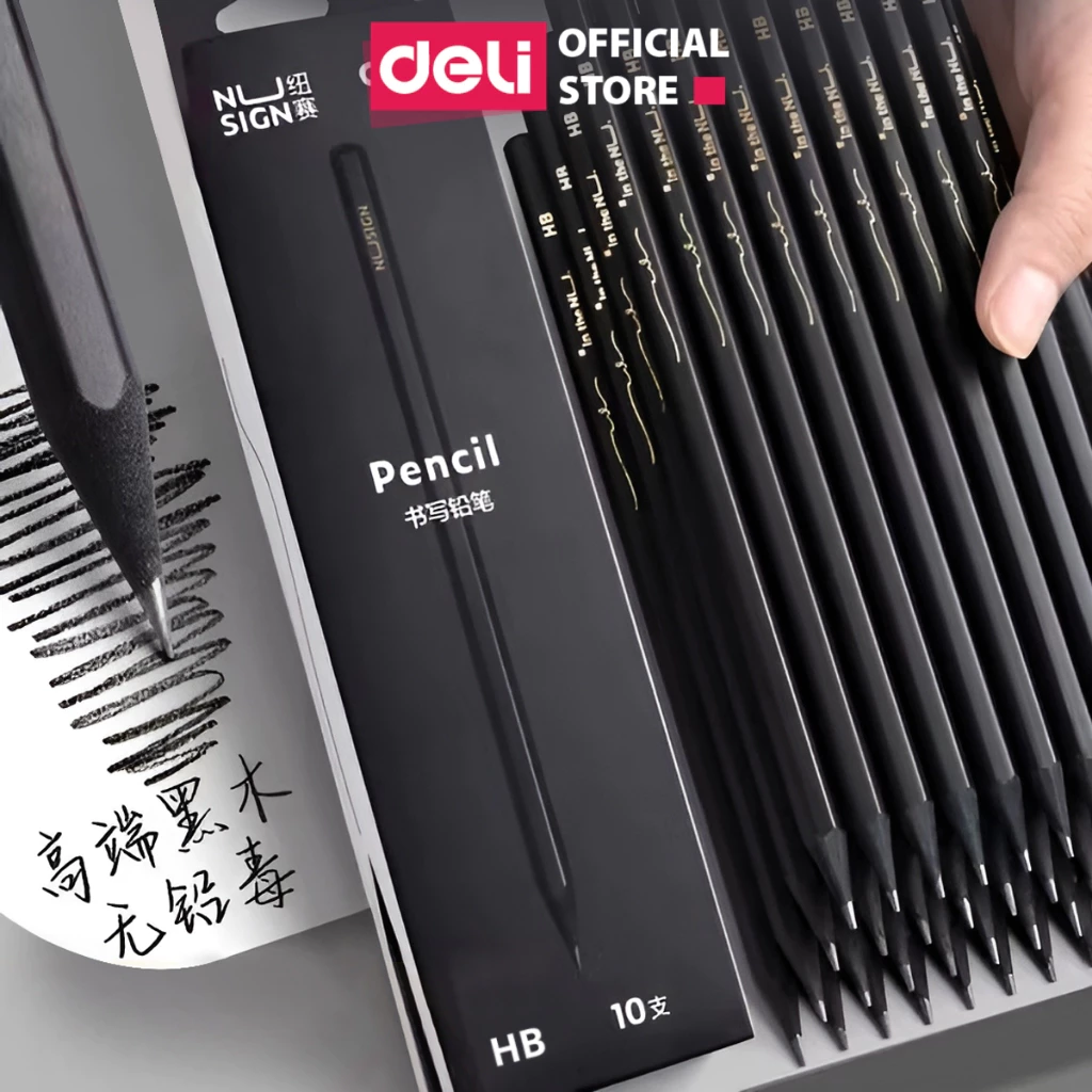 Combo 10 Bút Chì Gỗ 2B HB Deli Nusign Cao Cấp Deli Chì Đậm Cao Cấp Cho Bé Tập Viết