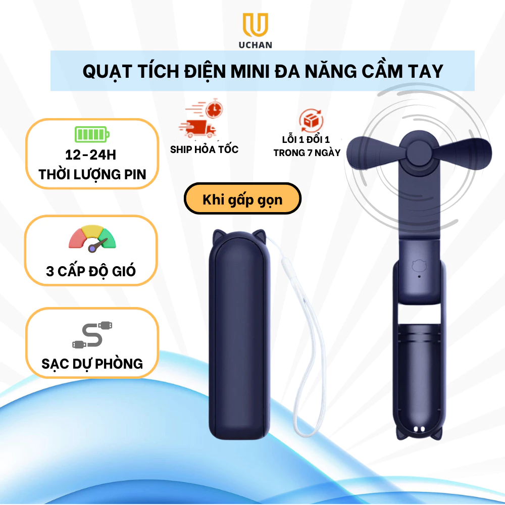 Quạt mini cầm tay Uchan gấp gọn Quạt tích điện mini đa năng dung lượng pin lớn, có sạc dự phòng Q01