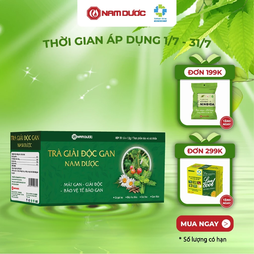 Trà giải độc gan Nam Dược (hộp 20 gói x1,5g) thanh nhiệt, giải độc, bảo vệ tế bào và tăng cường chức năng gan