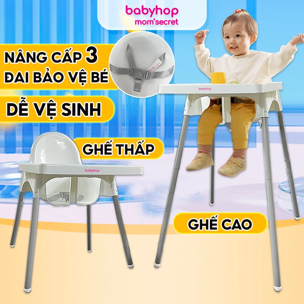 Ghế ăn dặm,bàn ăn cho bé Babyhop kèm mặt bàn, điều chỉnh 2 nấc, 3 dây đai an toàn sử dụng cho trẻ em từ 6 tháng ->3 tuổi