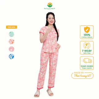 Bộ pijama lanh nữ mặc nhà mùa hè quần dài áo cộc tay cổ sam thời trang Việt Thắng - B08.2406