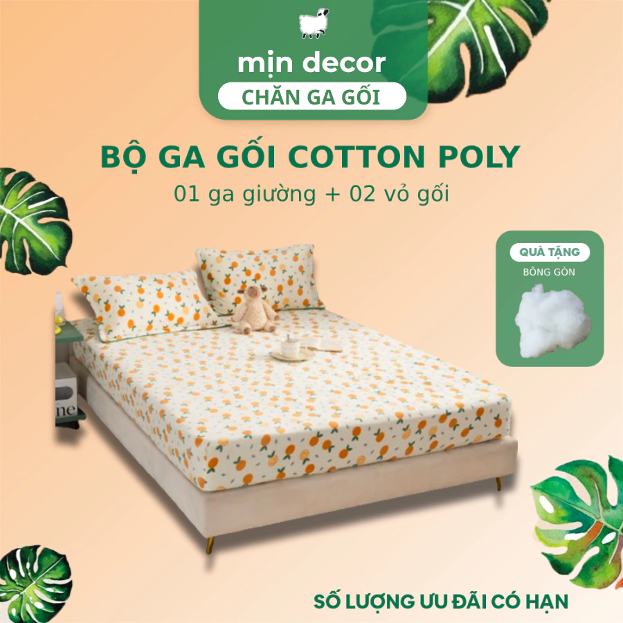 Bộ Ga Gối Cotton 3D Mịn Decor, Bộ Ga Gối Poly 3 Món Gồm Ga Giường + 2 Vỏ Gối