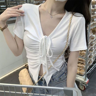 Áo thun rút dây bigsize , chất gân tăm đuôi tôm tôn eo tay ngắn dáng croptop style cá tính xinh xắn cho chuppy G42