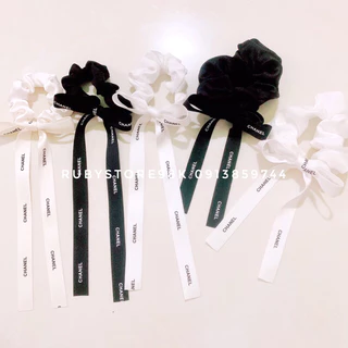 Cột tóc Scrunchies mini đính nơ in chữ sang chảnh, phụ kiện tóc cho nữ