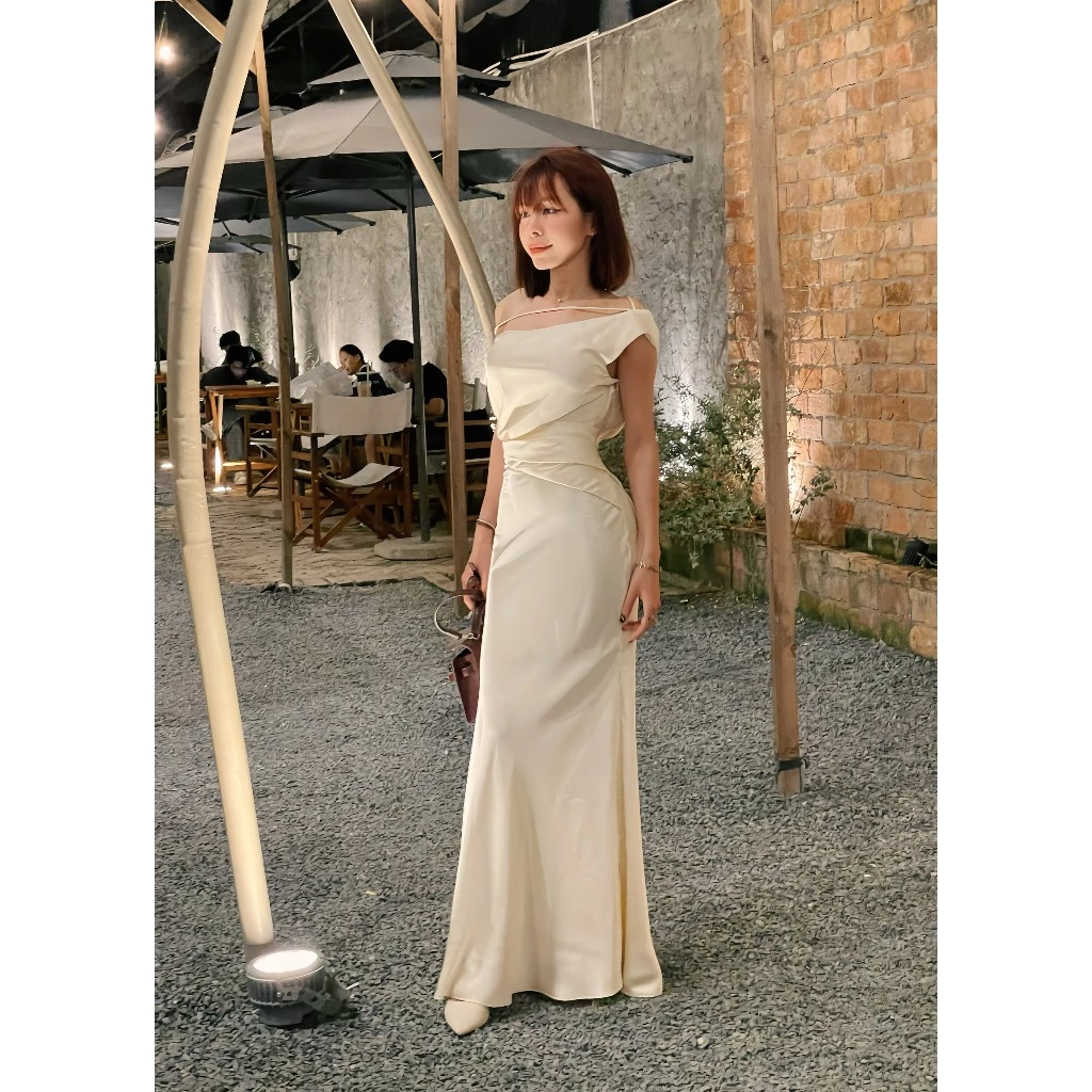 LUX DRESS | ĐẦM LỤA NỮ CAO CẤP TRỄ VAI CÁCH ĐIỆU, form ôm eo hack dáng, size SML