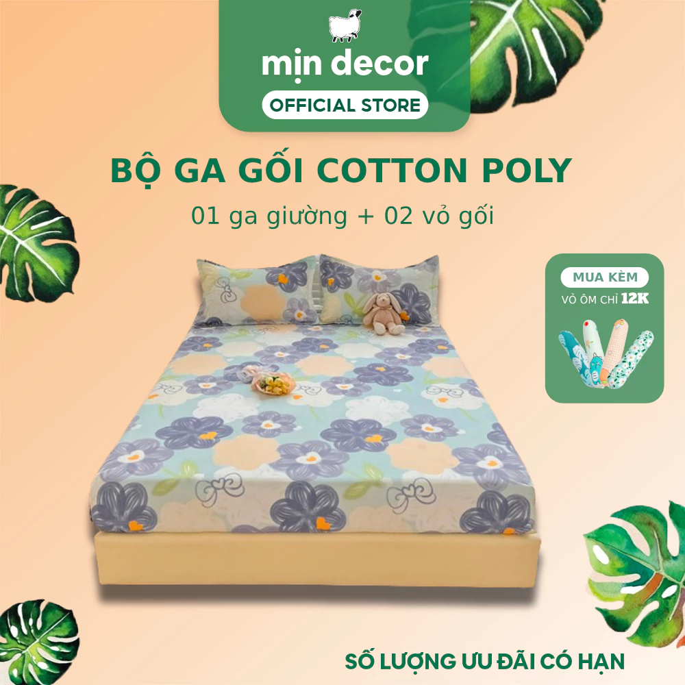 Set 3 món ga gối cotton 3D Mịn Decor, ga trải giường kèm 2 áo gối mát mịn bo chun miễn phí (video ảnh thật)