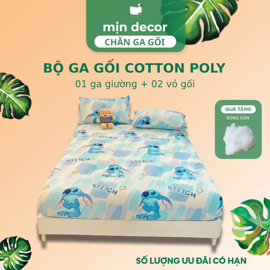 Drap giường kèm 2 vỏ gối cotton 3D Mịn Decor mẫu mã dễ thương