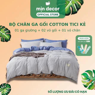 Bộ Chăn Ga Gối Cotton Tici Kẻ Vintage Mịn Decor, Drap Nệm 1m2 Đến 2m2 Bo Chun Đệm 10cm
