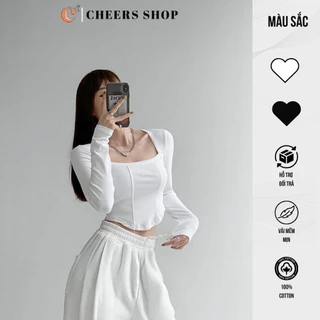 Áo thun nữ dài tay cổ vuông thời trang 2 đường dọc trước gấu áo đuôi tôm chất cotton co giãn 4 chiều