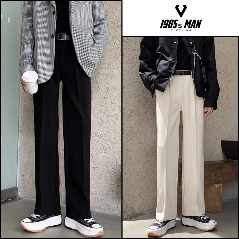 Quần âu nam ống rộng 1985sMan màu đen Hàn Quốc dễ phối đồ, quần tây âu nam vải co giãn dáng baggy Menswear Pants 2024