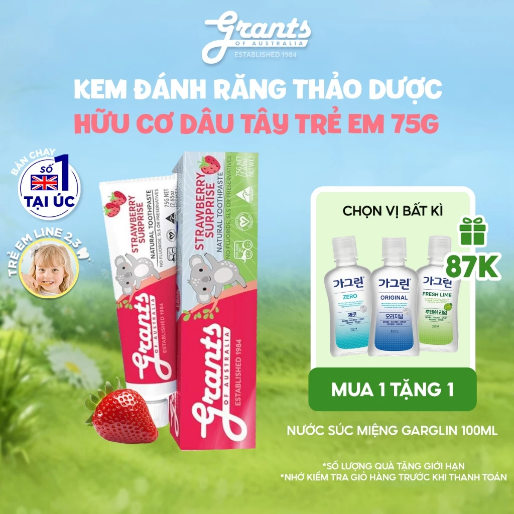 Kem đánh răng Grants Thảo dược hữu cơ Dâu tây trẻ em 75G