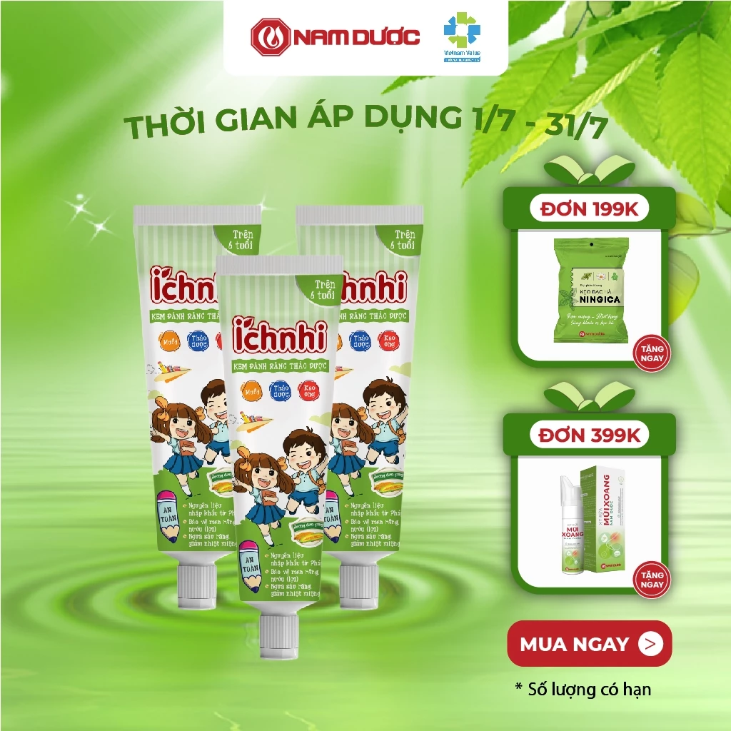 [ Combo 3 tuýp ] Kem đánh răng trẻ em thảo dược Ích Nhi dưa gang tuýp 75g cho bé trên 6 tuổi, chăm sóc răng miệng cho bé