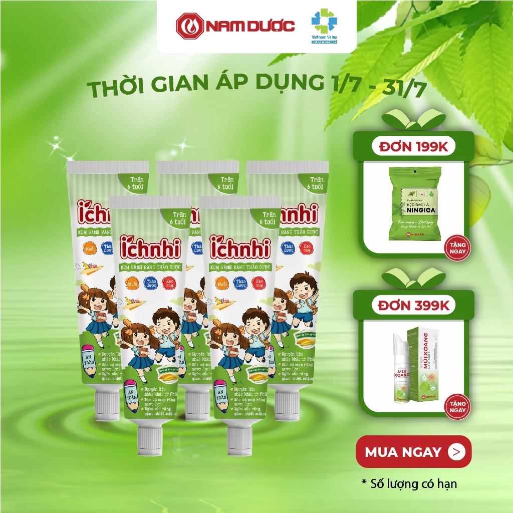 [ Combo 5 tuýp ] Kem đánh răng trẻ em thảo dược Ích Nhi dưa gang tuýp 75g cho bé trên 6 tuổi, chăm sóc răng miệng cho bé