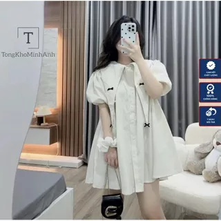 Đầm Babydoll, Váy Xèo Thủy Thủ Tay Bồng Dáng Ngắn Chất Đũi Mát Cổ Nhọn Đính Nơ Phong Cách Hàn Quốc Hot 2024 Tongkhominha