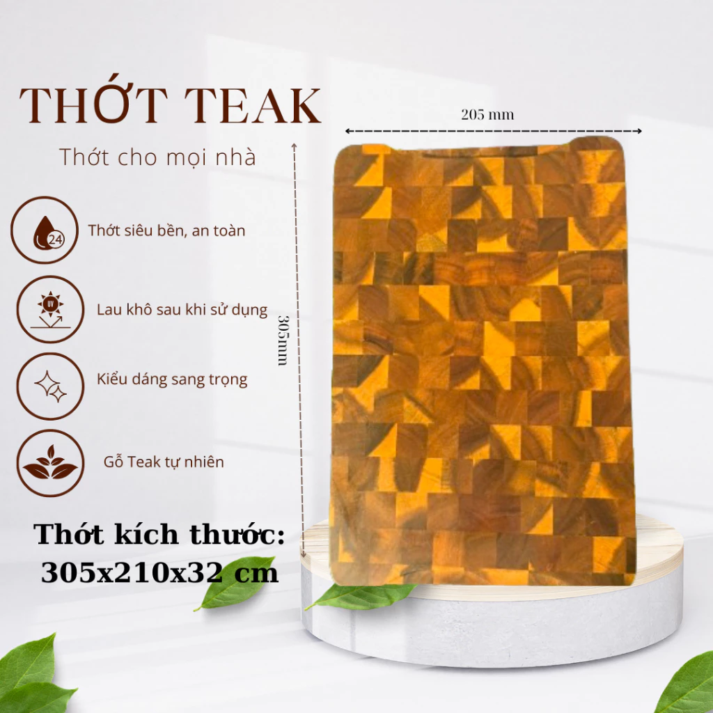 Thớt gỗ Teak Chef 305x210 mm - Thớt Gỗ Kháng Khuẩn Chống Nấm Mốc Dễ Vệ Sinh Nhanh Khô