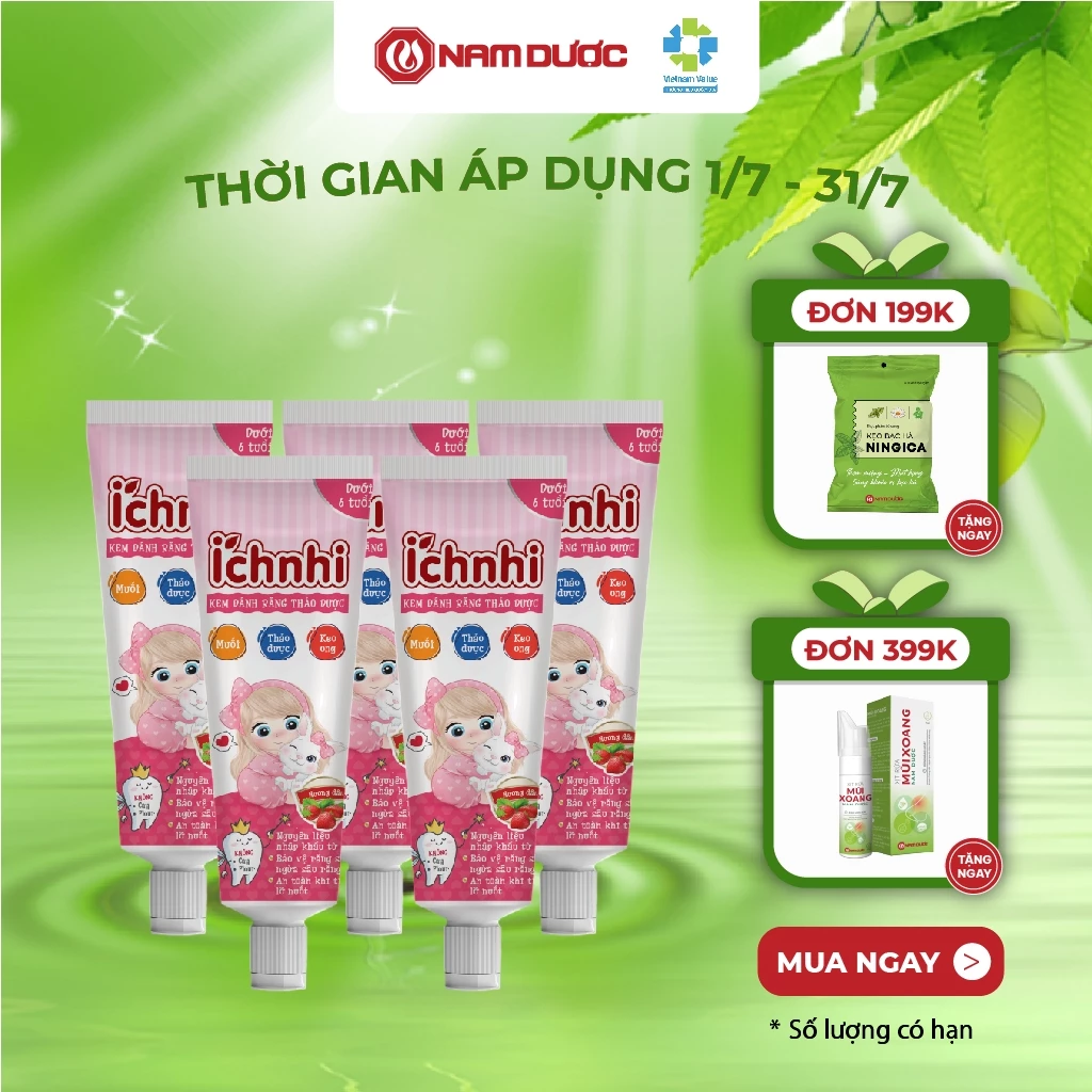 Combo 5 tuýp kem đánh răng trẻ em thảo dược Ích Nhi hương dâu tuýp 50g cho bé dưới 6 tuổi nuốt được, chăm sóc răng miệng