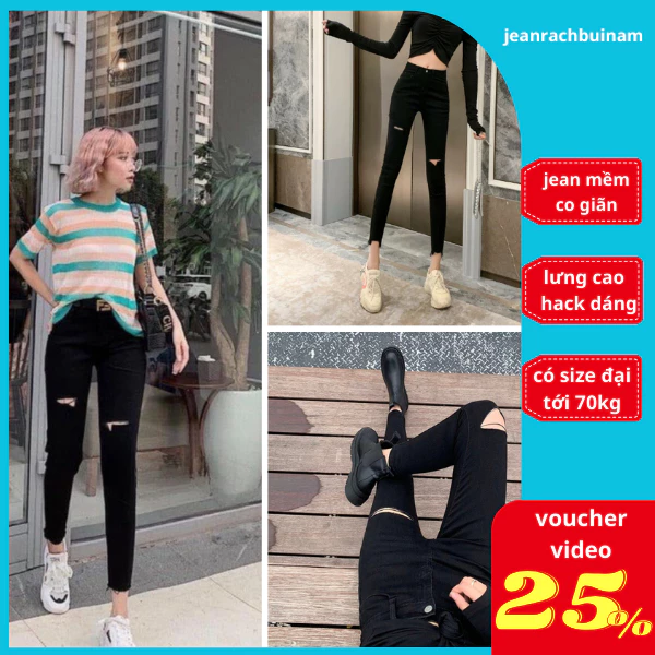 Quần Jean Nữ Lưng Cao, Quần bò đen rách gối dáng SKINNY siêu co giãn tôn dáng thời trang ( rách đùi )