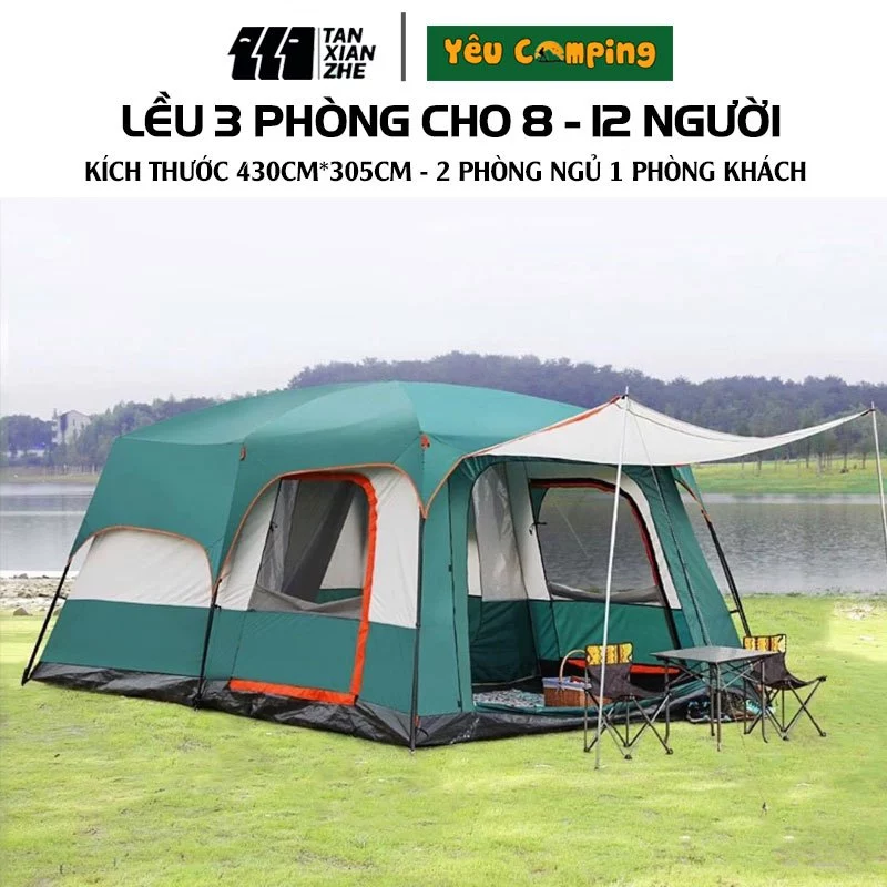 Lều cắm trại 3 phòng kích thước lớn nhất 430*305*200cm dùng 8-12 người hàng chính hãng Tanxianzhe