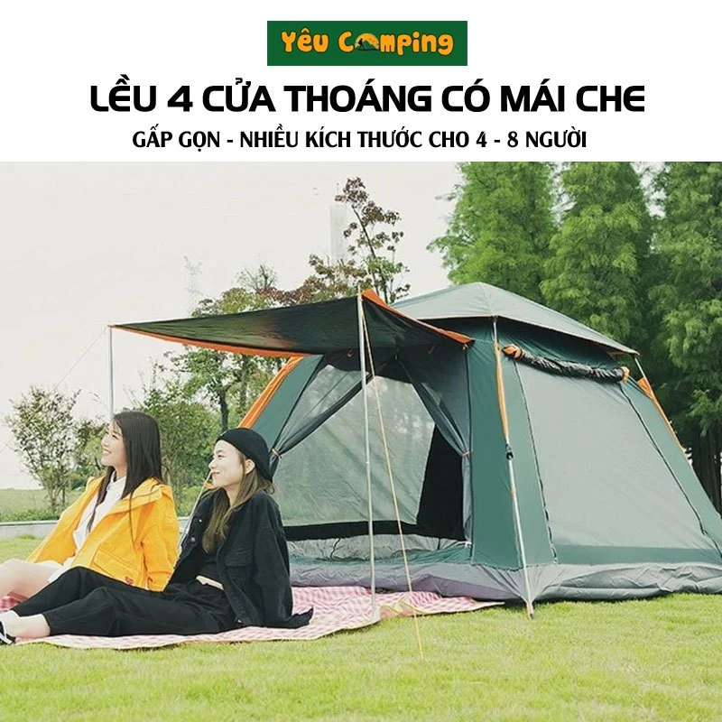 Lều cắm trại cực lớn phù hợp 6 đến 8 người, khung lều chắc chắn, hoàn toàn tự động bật mở như cái ô, không cần lắp dựng