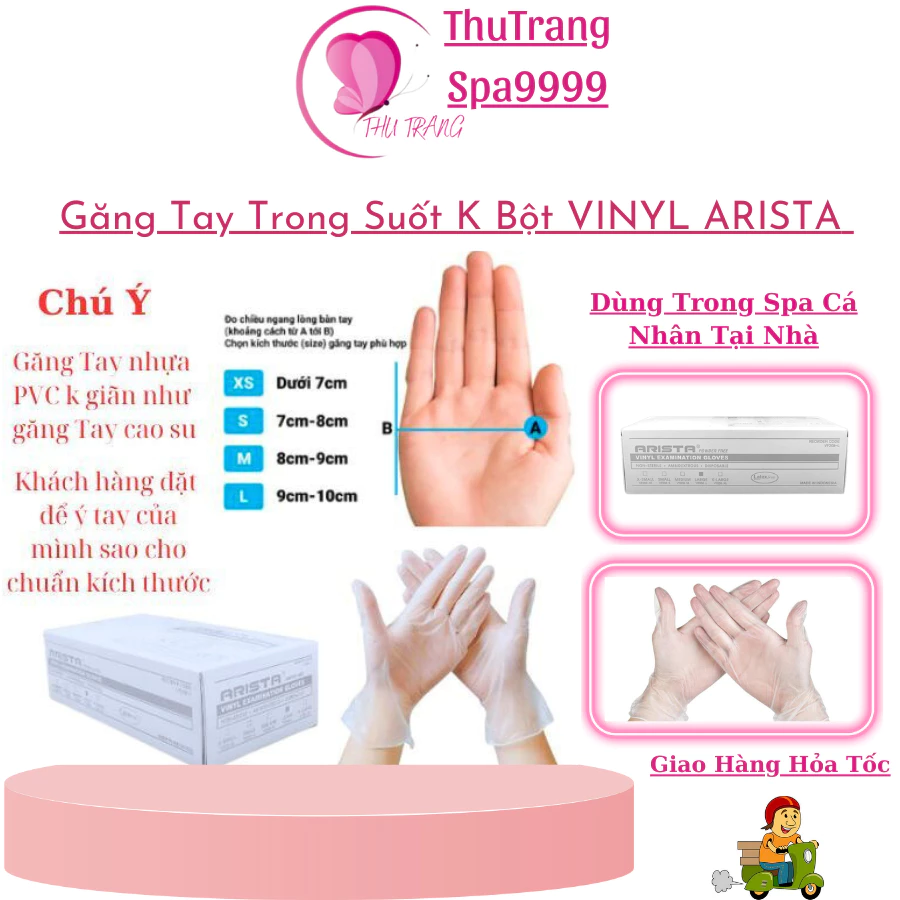 Hộp 100 Chiếc Găng Tay Trong Suốt K Bột VINYL ARISTA  | Làm Bằng Nhựa Dẻo PVC Dùng Thực Phẩm Chăm Sóc Da Phun Xăm