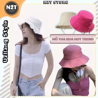 Mũ bucket Tua Rua vành tròn rách có quai phong cách Hàn Quốc form Unissex vải cotton Hot Trend.