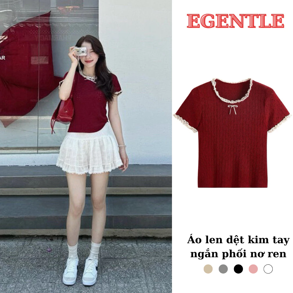 Áo len dệt kim tay ngắn phối nơ ren cổ mini egentlehanoi