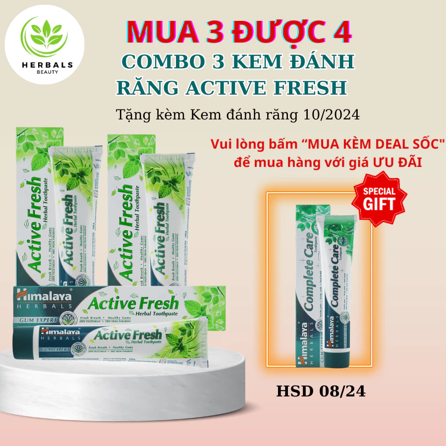 Set 3 kem đánh răng Himalaya Active Fresh Herbal Toothpaste bảo vệ nướu giúp hơi thở thơm mát 100g