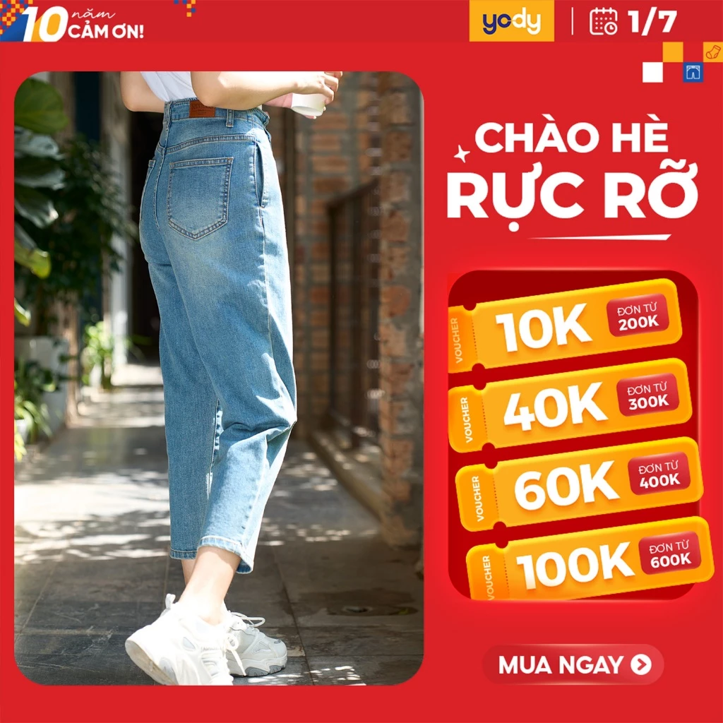 Quần jean nữ YODY quần baggy cạp cao ống lửng chất bò co giãn tốt QJN3076