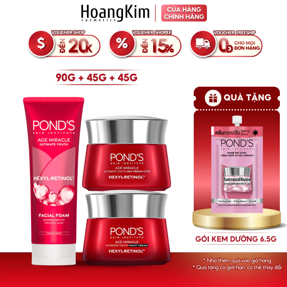 Combo Kem Dưỡng Da Pond's Chống Lão Hóa Ngày Đêm Và Sữa Rửa Mặt Chống Lão Hóa 90g/45g/45g