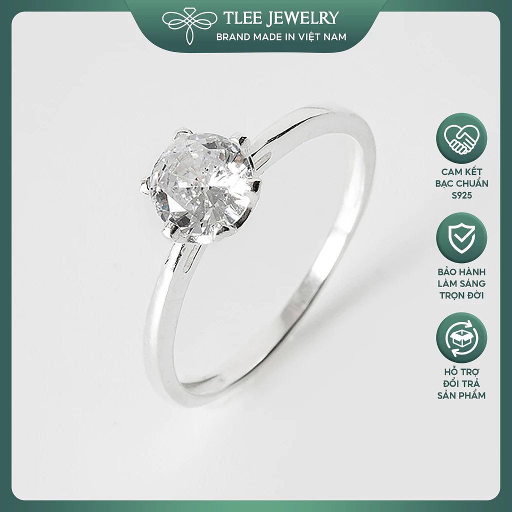 Nhẫn bạc nữ TLEE trụ đá sáu chấu vuông viền trơn TLEE JEWELRY A0274