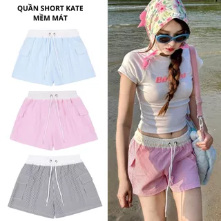 Quần Short kate nữ họa tiết kẻ sọc lưng chun dây rút form cạp thấp mùa hè đi biển hot hit