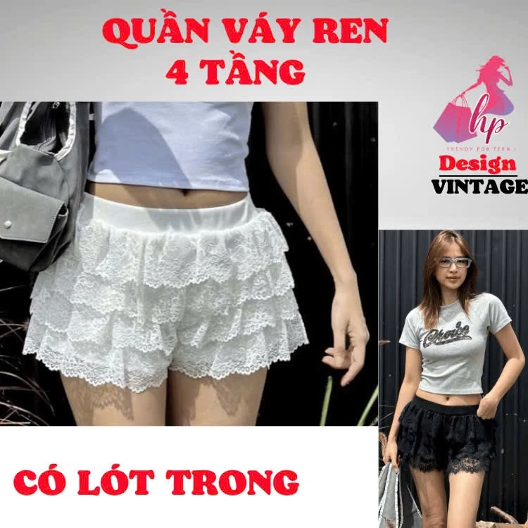 Quần đùi giả chân váy ren 4 tầng lưng thun dáng ngắn, quần nữ  phối áo croptop kiểu mùa hè sang chảnh G912 Q.REN NHÉ