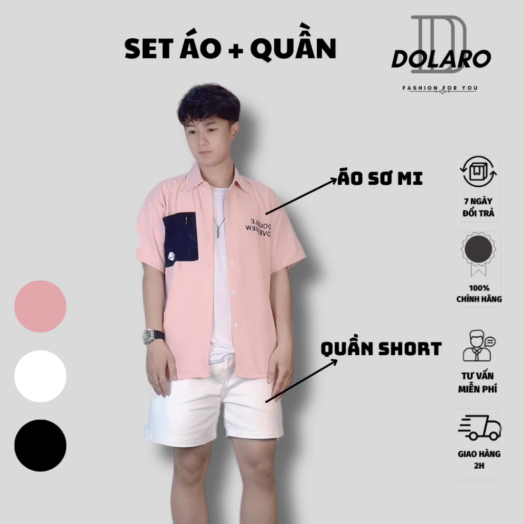Set Áo Sơ Mi Tay Ngắn Form Rộng DOLARO Hoạ Tiết Túi Kèm Quần Short Trắng Kaki Lưng Thun Phong Cách Đi Chơi Thoải Mái