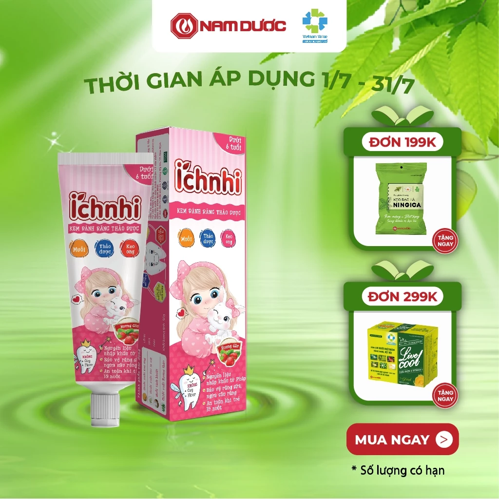 Kem đánh răng thảo dược Ích Nhi hương dâu tuýp 50g cho bé dưới 6 tuổi nuốt được, bảo vệ răng sữa, ngừa sâu răng cho bé