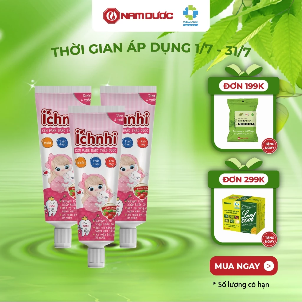 Combo 3 tuýp kem đánh răng trẻ em thảo dược Ích Nhi hương dâu tuýp 50g cho bé dưới 6 tuổi nuốt được, chăm sóc răng miệng