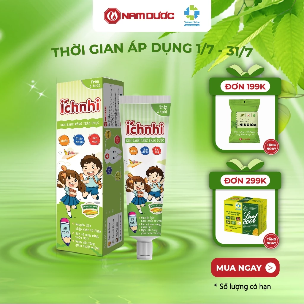 Kem đánh răng thảo dược Ích Nhi hương dưa gang tuýp 75g cho bé trên 6 tuổi  bảo vệ men răng, nướu, ngừa sâu răng