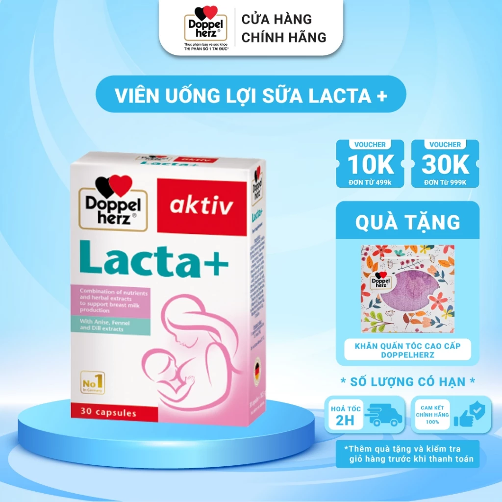 Viên Uống Lợi Sữa Doppelherz Aktiv Lacta+ Giúp Cải Thiện & Nâng Cao Chất Lượng Sữa Mẹ (Hộp 30 Viên)