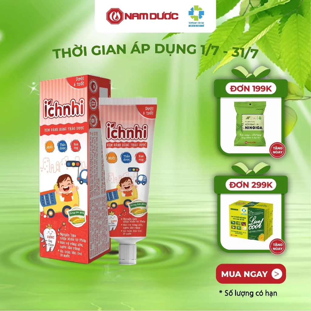 Kem đánh răng thảo dược Ích Nhi hương dưa gang tuýp 50g cho bé dưới 6 tuổi nuốt được bảo vệ răng sữa, ngừa sâu răng