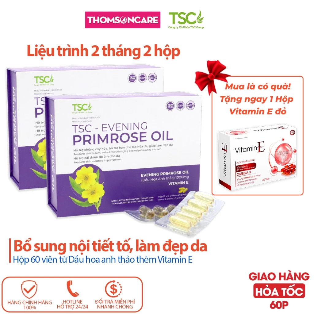 Viên uống nội tiết tố, tinh dầu hoa anh thảo - Liệu trình 2 hộp Evening Primrose Oil TSC cấp ẩm da - Hộp 60v Thomsoncare