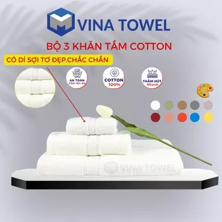 Combo 3 cái gồm (Khăn Tắm, Khăn Gội Đầu, Khăn Lau Mặt) VINA TOWEL 100% Cotton Cao Cấp Mềm Mịn, Thấm Hút, Không Ra Màu