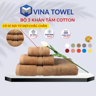 Combo 3 cái gồm (Khăn Tắm, Khăn Gội Đầu, Khăn Lau Mặt) VINA TOWEL 100% Cotton Cao Cấp Mềm Mịn, Thấm Hút, Không Ra Màu