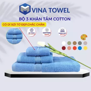 Combo 3 cái gồm (Khăn Tắm, Khăn Gội Đầu, Khăn Lau Mặt) VINA TOWEL 100% Cotton Cao Cấp Mềm Mịn, Thấm Hút, Không Ra Màu